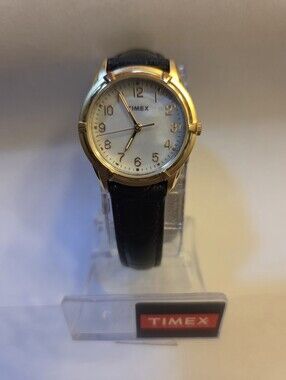 Timex Main Street Collection Gold-Tone Mother-of-Pearl Dial Black Leather Strap